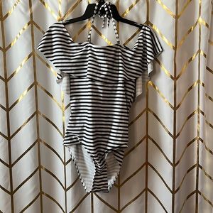 Womens stripped one piece off the shoulder bathing suit